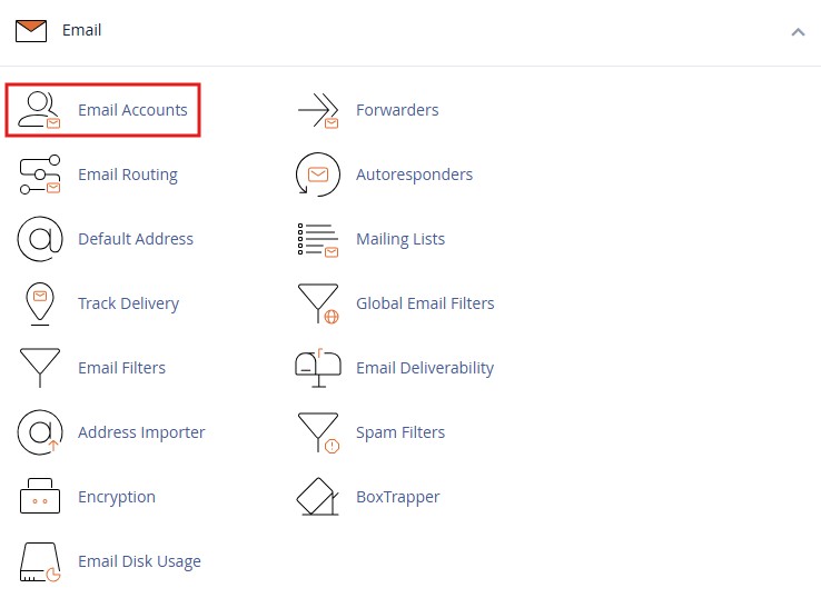 cPanel Email section with the Email Accounts icon highlighted