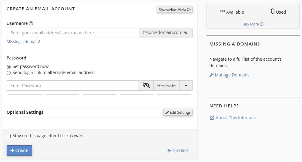 Create Email Account form in cPanel with domain, username and password fields