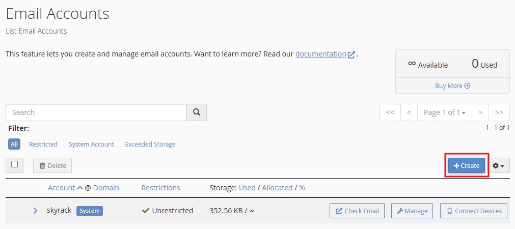 Email Accounts page in cPanel with the Create button highlighted