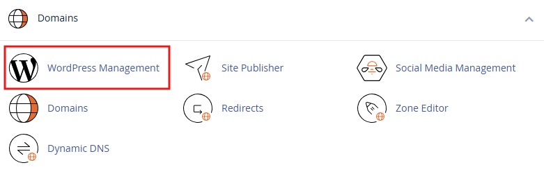 cPanel Domains section with the WordPress Management (WP Toolkit) icon highlighted