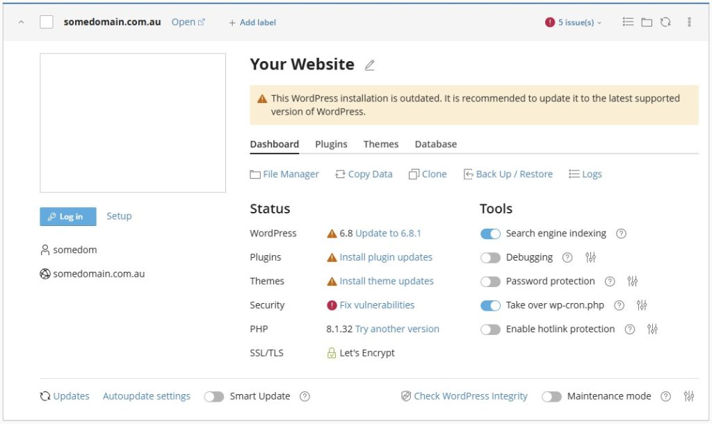 WP Toolkit websites list showing a newly installed WordPress site